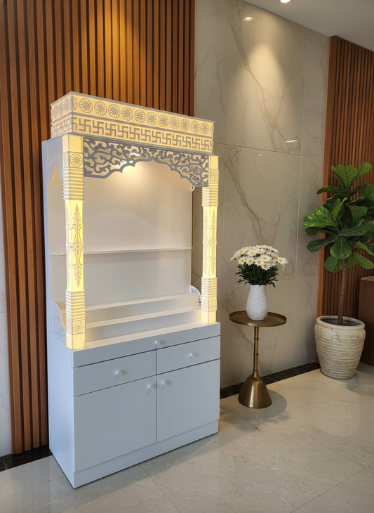 Corian Mandir with Pillars and Cabinet Storage — Designer Pooja Unit — Luxury Home Interior — Satguru Creations