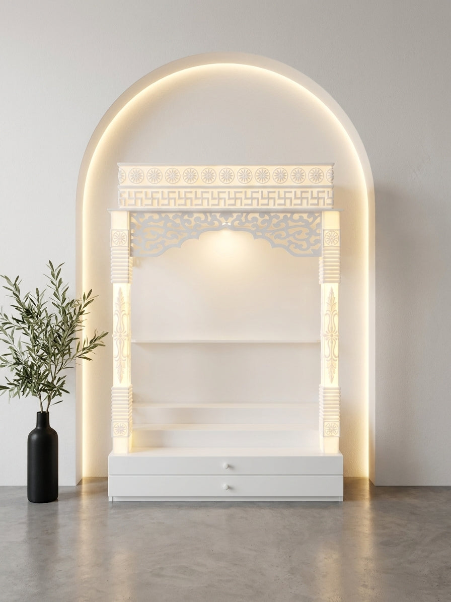 Corian Mandir with Pillars and Cabinet Storage — Designer Pooja Unit — Luxury Indian Home Interior — Satguru Creations