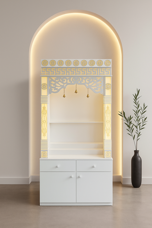 Corian Mandir with Pillars and Cabinet Storage — Designer Pooja Unit — Luxury Indian Home Interior — Satguru Creations