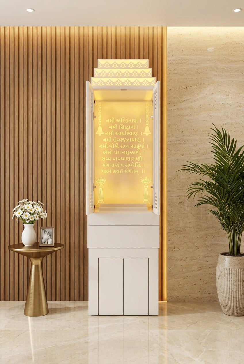 Corian Mandir with Pocket Door — Home Pooja Temple — Luxury Home Interior — Satguru Creations