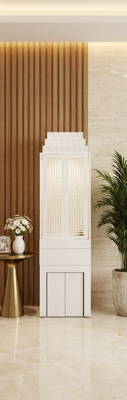 Corian Mandir with Pocket Door — Home Pooja Temple — Luxury Indian Home Interior — Satguru Creations