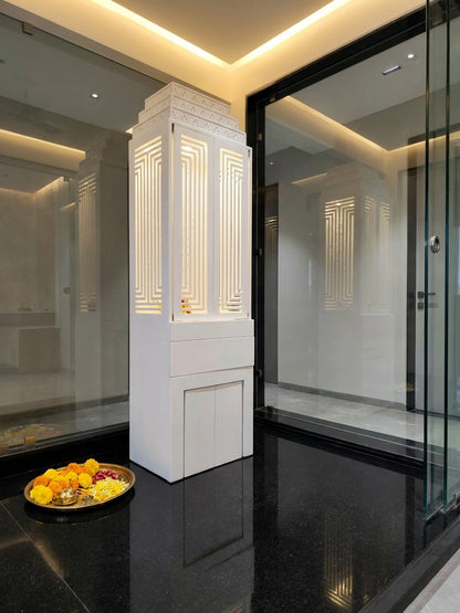 Corian Mandir with Pocket Door — Home Pooja Temple — Luxury Indian Home Interior — Satguru Creations