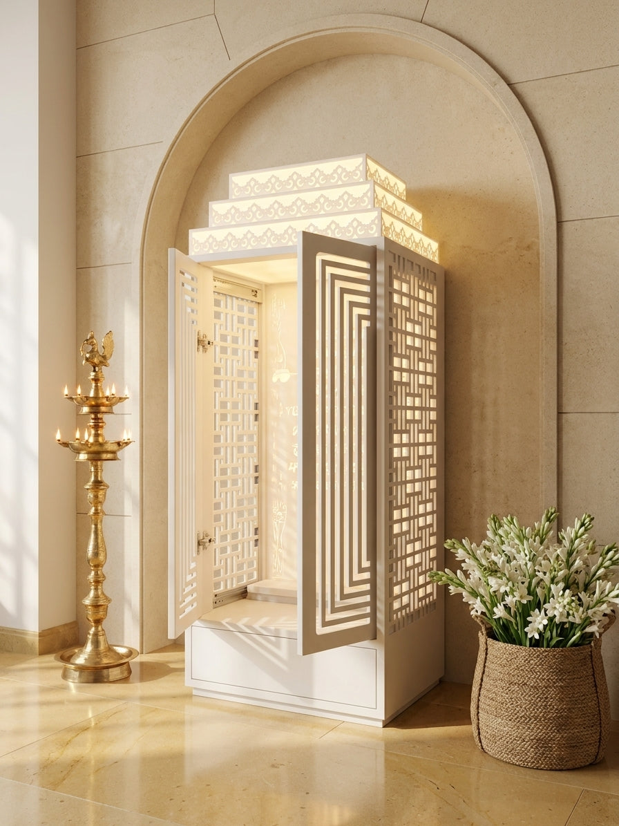 Corian Mandir with Pocket Door — Home Pooja Temple — Luxury Indian Home Interior — Satguru Creations