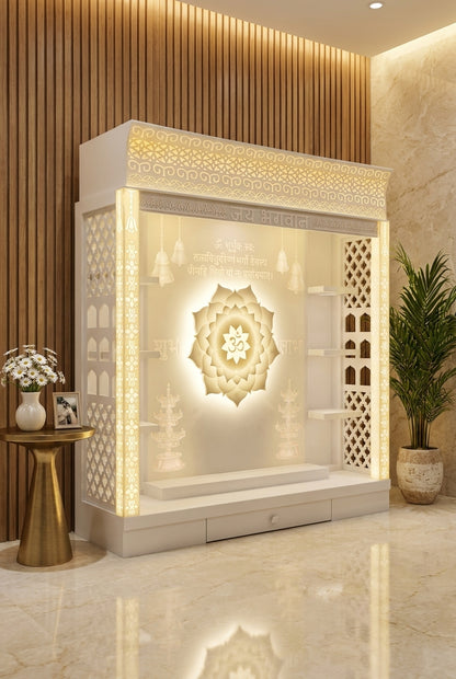 Full-Size Backlit Corian Mandir with Carved Arch — Luxury Home Interior — Satguru Creations