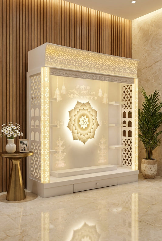 Full-Size Backlit Corian Mandir with Carved Arch — Luxury Home Interior — Satguru Creations