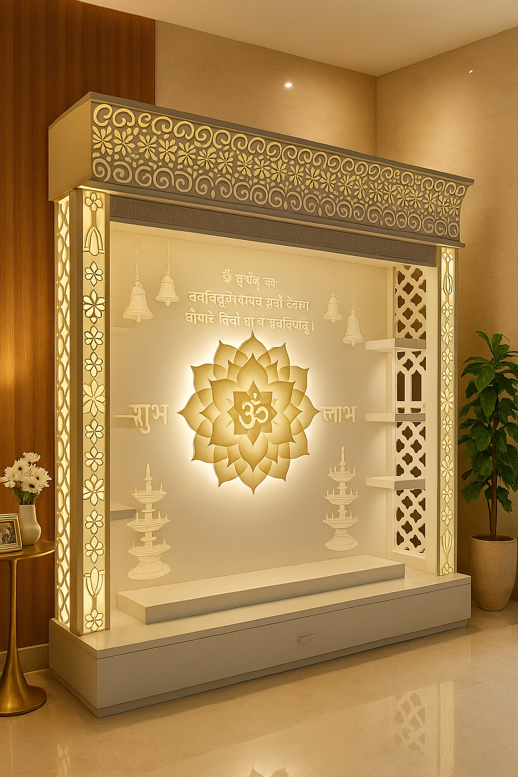 Full-Size Backlit Corian Mandir with Carved Arch — Luxury Indian Home Interior — Satguru Creations