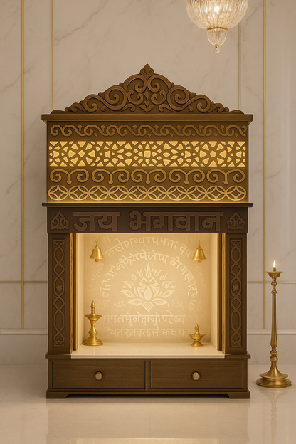 Full-Size Backlit Corian Mandir with Carved Arch — Luxury Indian Home Interior — Satguru Creations