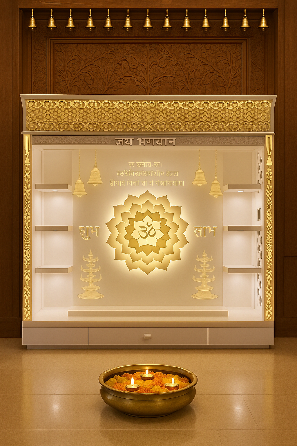 Full-Size Backlit Corian Mandir with Carved Arch — Luxury Indian Home Interior — Satguru Creations