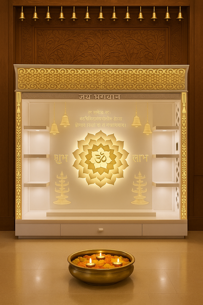 Full-Size Backlit Corian Mandir with Carved Arch — Luxury Indian Home Interior — Satguru Creations