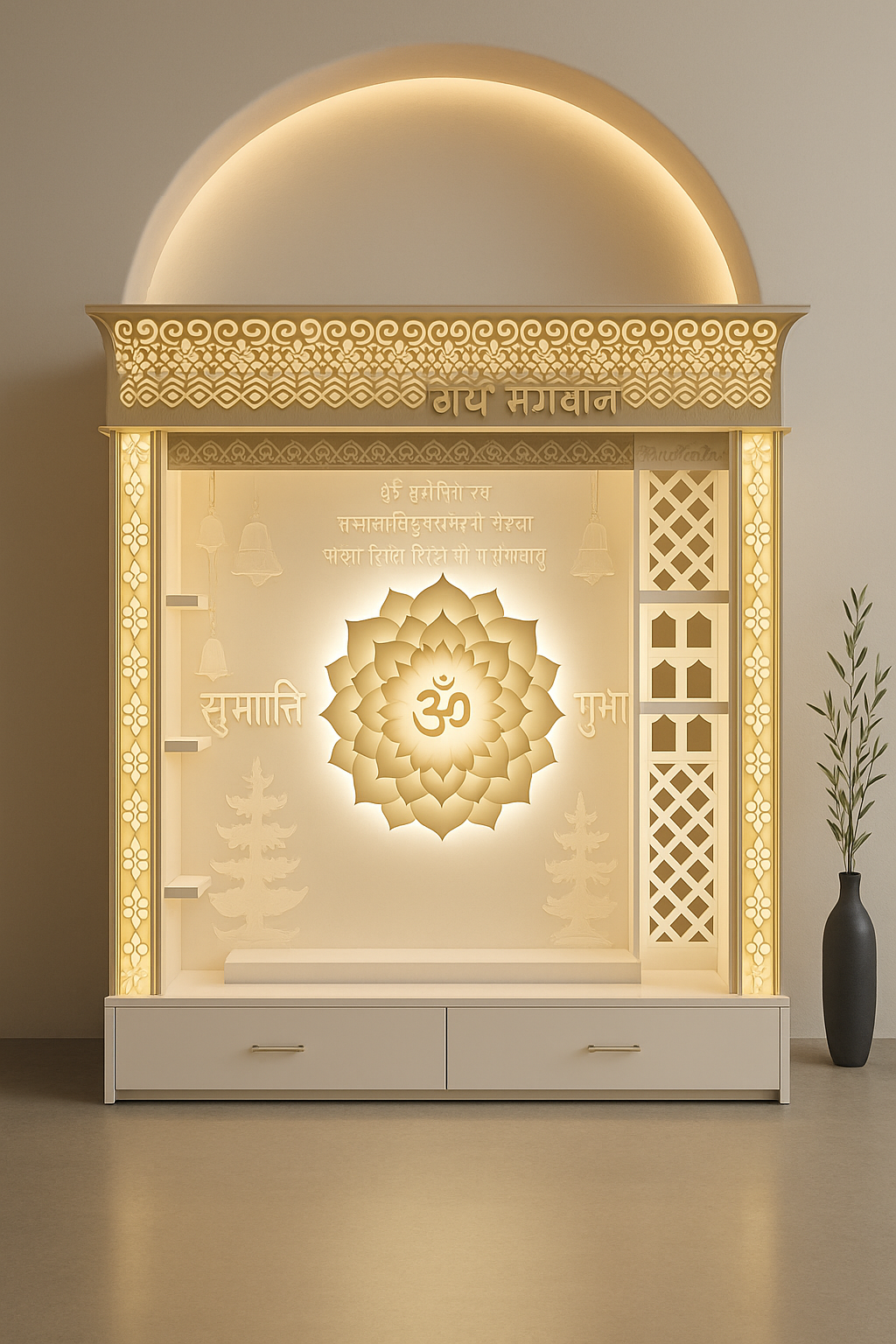 Full-Size Backlit Corian Mandir with Carved Arch — Luxury Indian Home Interior — Satguru Creations