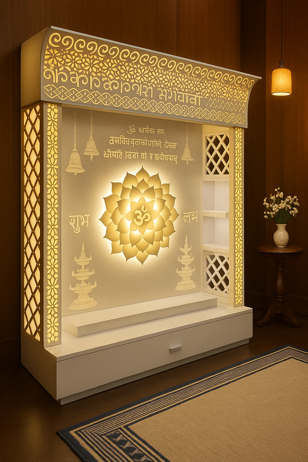 Full-Size Backlit Corian Mandir with Carved Arch — Luxury Indian Home Interior — Satguru Creations