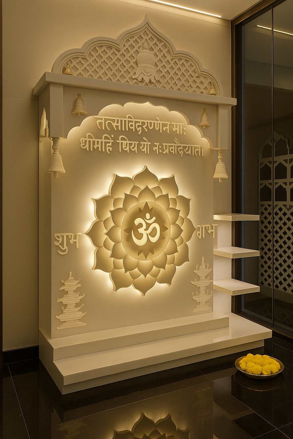 Full-Size Backlit Corian Mandir with Carved Arch — Luxury Indian Home Interior — Satguru Creations