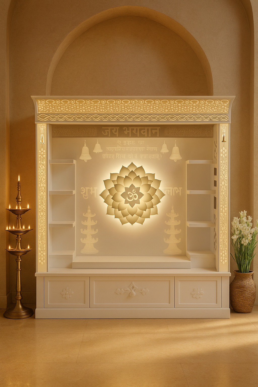 Full-Size Backlit Corian Mandir with Carved Arch — Luxury Indian Home Interior — Satguru Creations