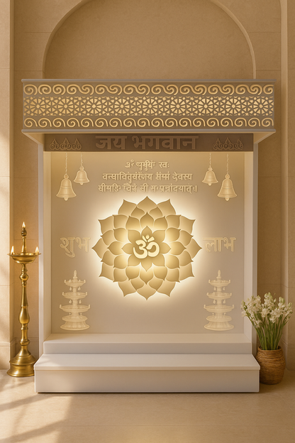 Full-Size Backlit Corian Mandir with Carved Arch — Luxury Indian Home Interior — Satguru Creations