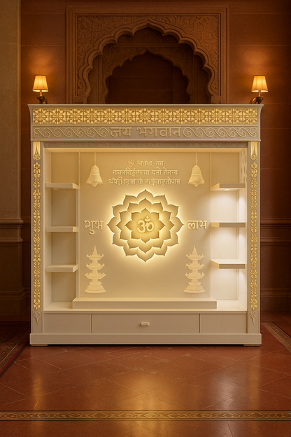 Full-Size Backlit Corian Mandir with Carved Arch — Luxury Indian Home Interior — Satguru Creations