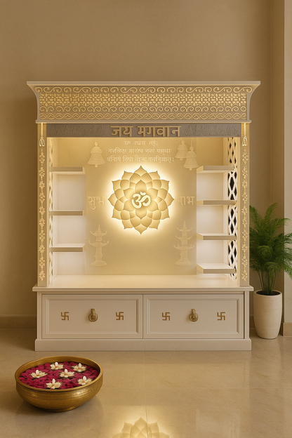 Full-Size Backlit Corian Mandir with Carved Arch — Luxury Indian Home Interior — Satguru Creations