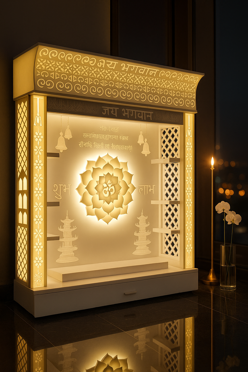 Full-Size Backlit Corian Mandir with Carved Arch — Luxury Indian Home Interior — Satguru Creations