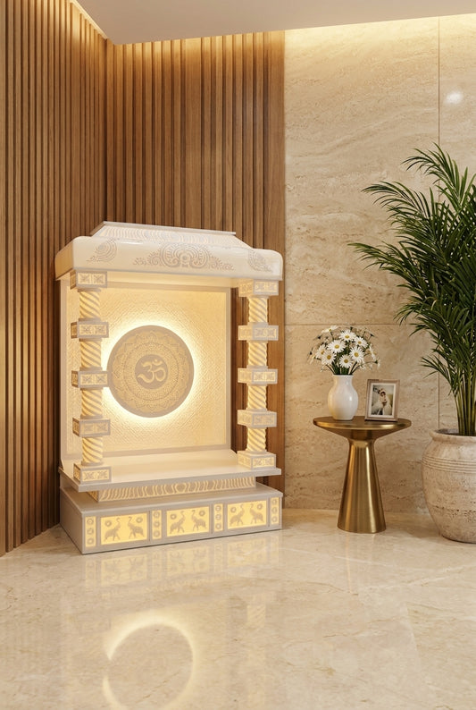 3D Corian Temple — Round + Square Pillars Backlit — Luxury Home Interior — Satguru Creations