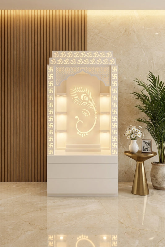 Corian Mandir Swastik Pillars Ganesha Peacock Backdrop — Luxury Home Interior — Satguru Creations