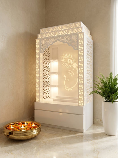 Corian Mandir Swastik Pillars Ganesha Peacock Backdrop — Luxury Indian Home Interior — Satguru Creations