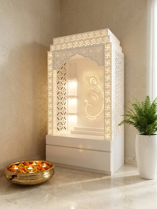Corian Mandir Swastik Pillars Ganesha Peacock Backdrop — Luxury Indian Home Interior — Satguru Creations