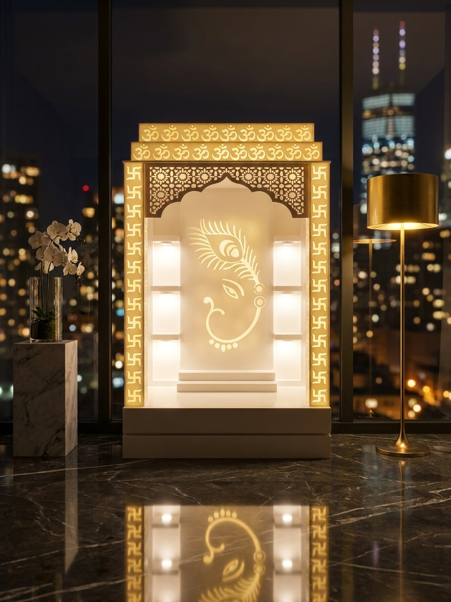 Corian Mandir Swastik Pillars Ganesha Peacock Backdrop — Luxury Indian Home Interior — Satguru Creations