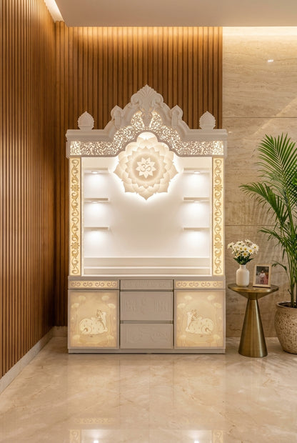 Traditional Corian Mandir with Peacock and Kalash Carving — Luxury Home Interior — Satguru Creations