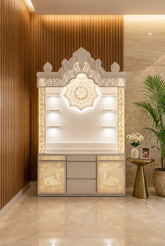 Traditional Corian Mandir with Peacock and Kalash Carving — Luxury Home Interior — Satguru Creations