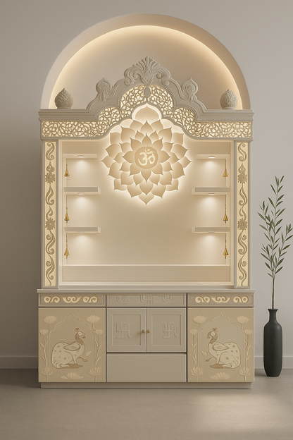 Traditional Corian Mandir with Peacock and Kalash Carving — Luxury Indian Home Interior — Satguru Creations