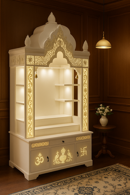 Traditional Corian Mandir with Peacock and Kalash Carving — Luxury Indian Home Interior — Satguru Creations