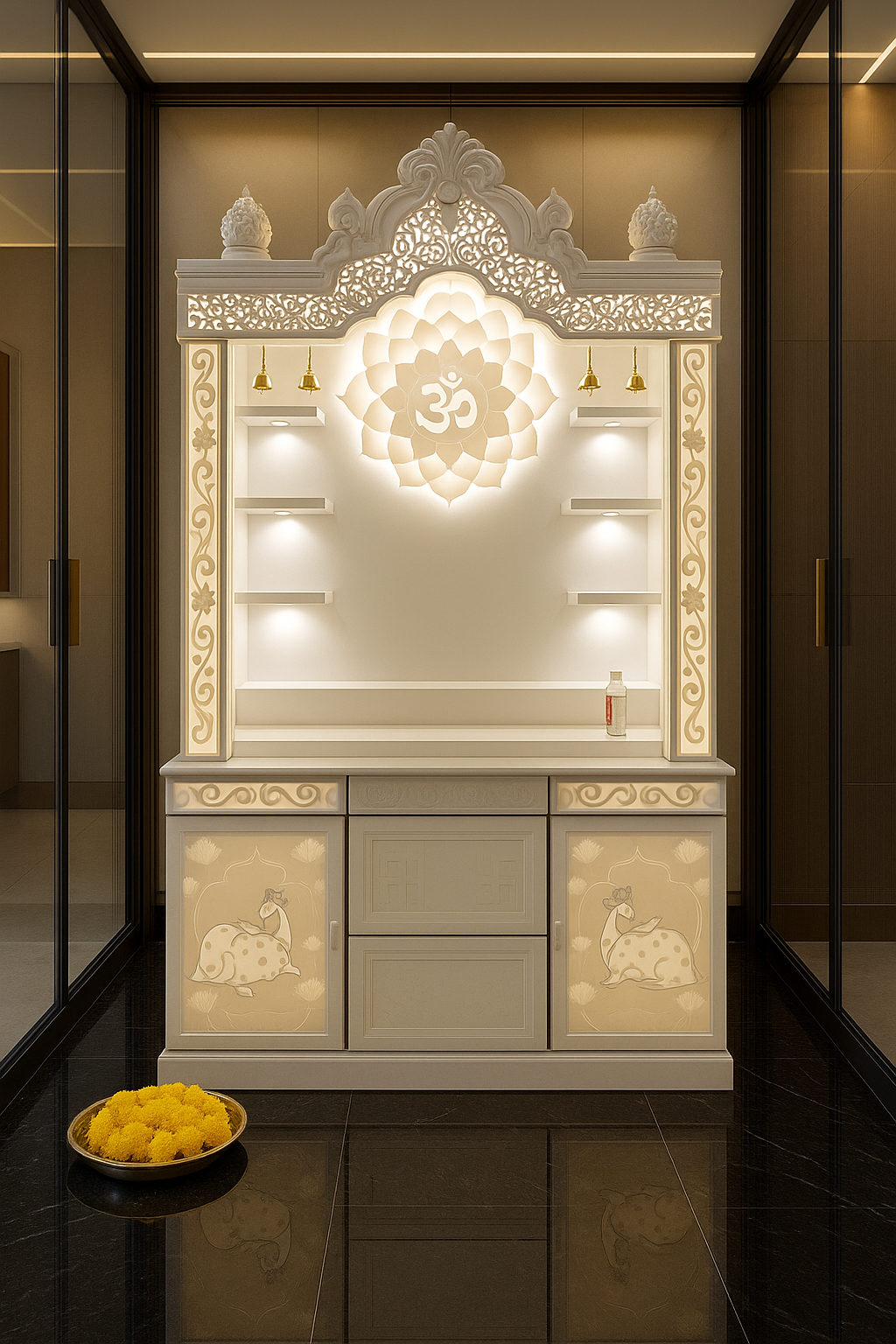 Traditional Corian Mandir with Peacock and Kalash Carving — Luxury Indian Home Interior — Satguru Creations