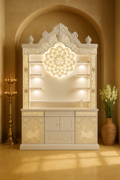 Traditional Corian Mandir with Peacock and Kalash Carving — Luxury Indian Home Interior — Satguru Creations