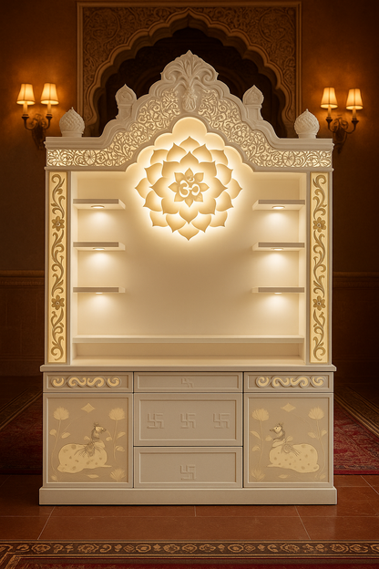 Traditional Corian Mandir with Peacock and Kalash Carving — Luxury Indian Home Interior — Satguru Creations