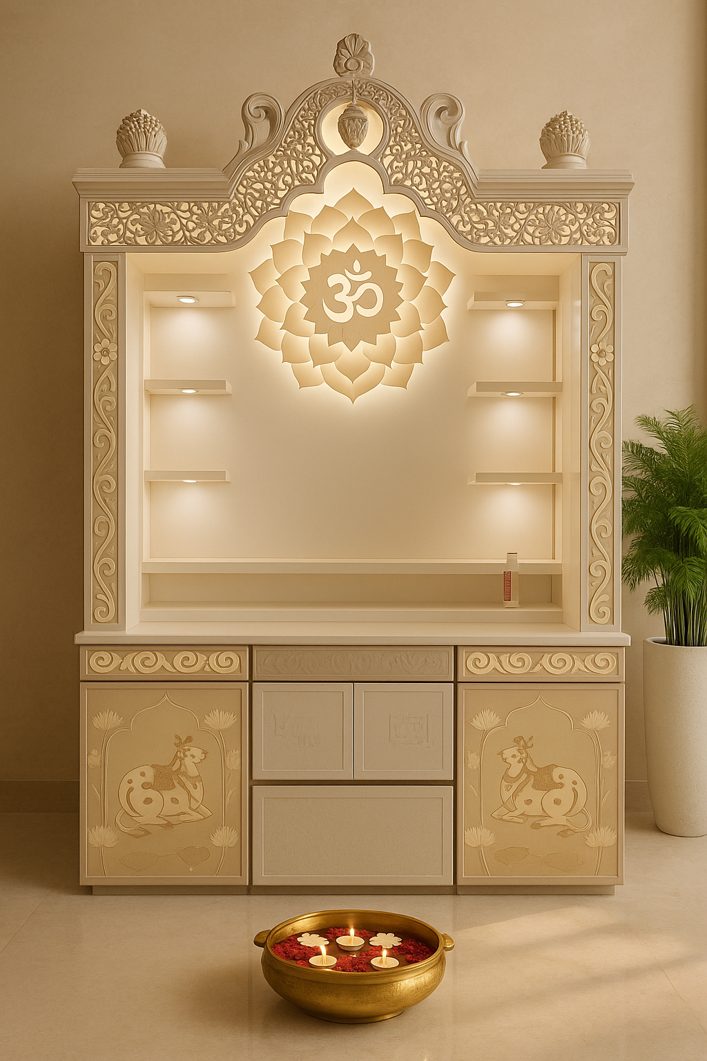 Traditional Corian Mandir with Peacock and Kalash Carving — Luxury Indian Home Interior — Satguru Creations