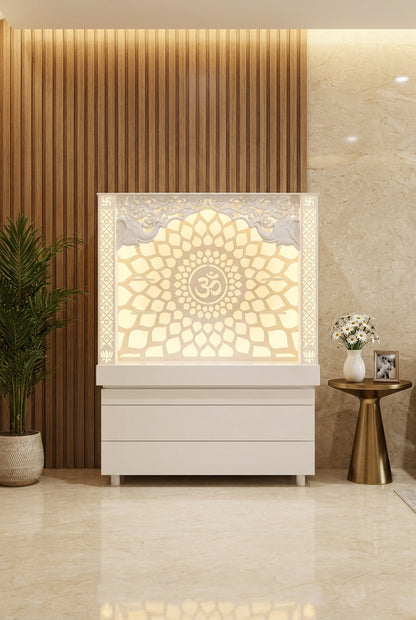 Corian Mandir with 3D Carved Arc — Designer Temple — Luxury Home Interior — Satguru Creations
