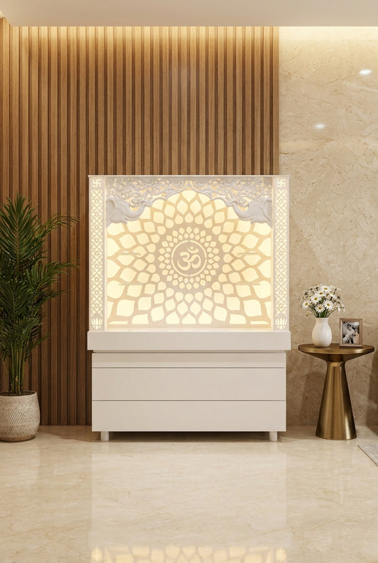 Corian Mandir with 3D Carved Arc — Designer Temple — Luxury Home Interior — Satguru Creations