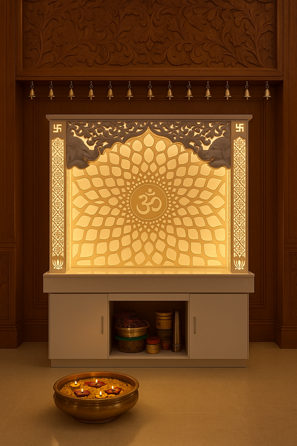 Corian Mandir with 3D Carved Arc — Designer Temple — Luxury Indian Home Interior — Satguru Creations