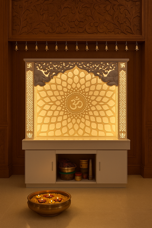 Corian Mandir with 3D Carved Arc — Designer Temple — Luxury Indian Home Interior — Satguru Creations