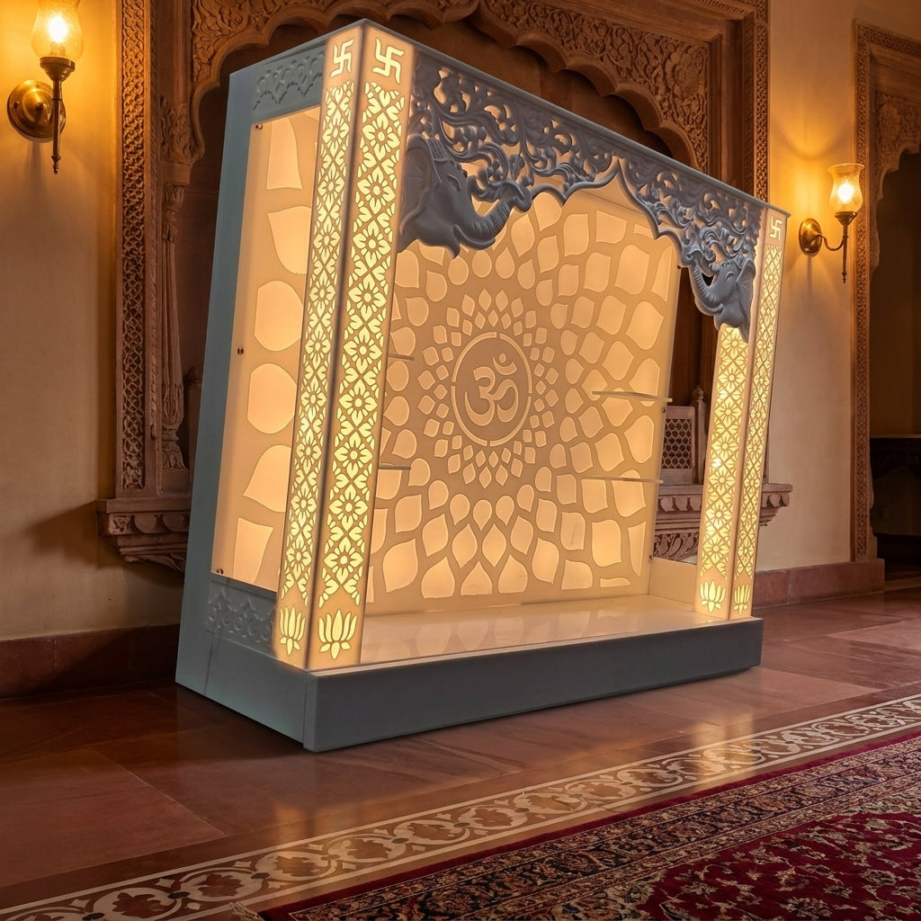Corian Mandir with 3D Carved Arc — Designer Temple — Luxury Indian Home Interior — Satguru Creations