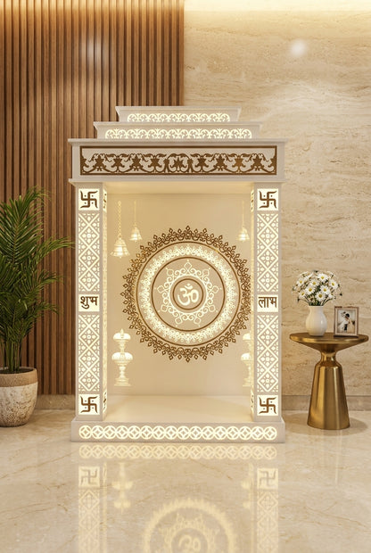 Backlit Corian Mandir with LED Pillars — 3D Designer Temple — Luxury Home Interior — Satguru Creations