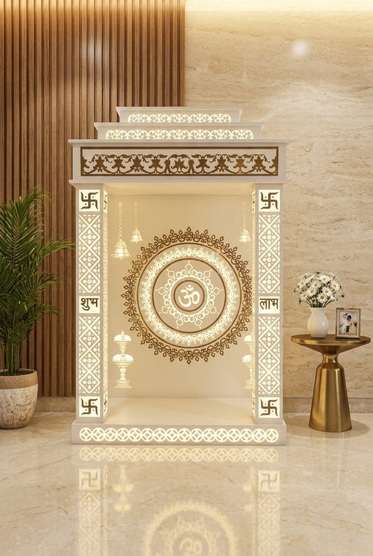 Backlit Corian Mandir with LED Pillars — 3D Designer Temple — Luxury Home Interior — Satguru Creations