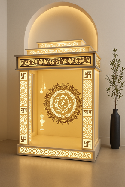 Backlit Corian Mandir with LED Pillars — 3D Designer Temple — Luxury Indian Home Interior — Satguru Creations