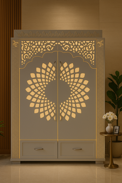 Corian Mandir with Doors and Ganesha Side Jhaali — Luxury Indian Home Interior — Satguru Creations
