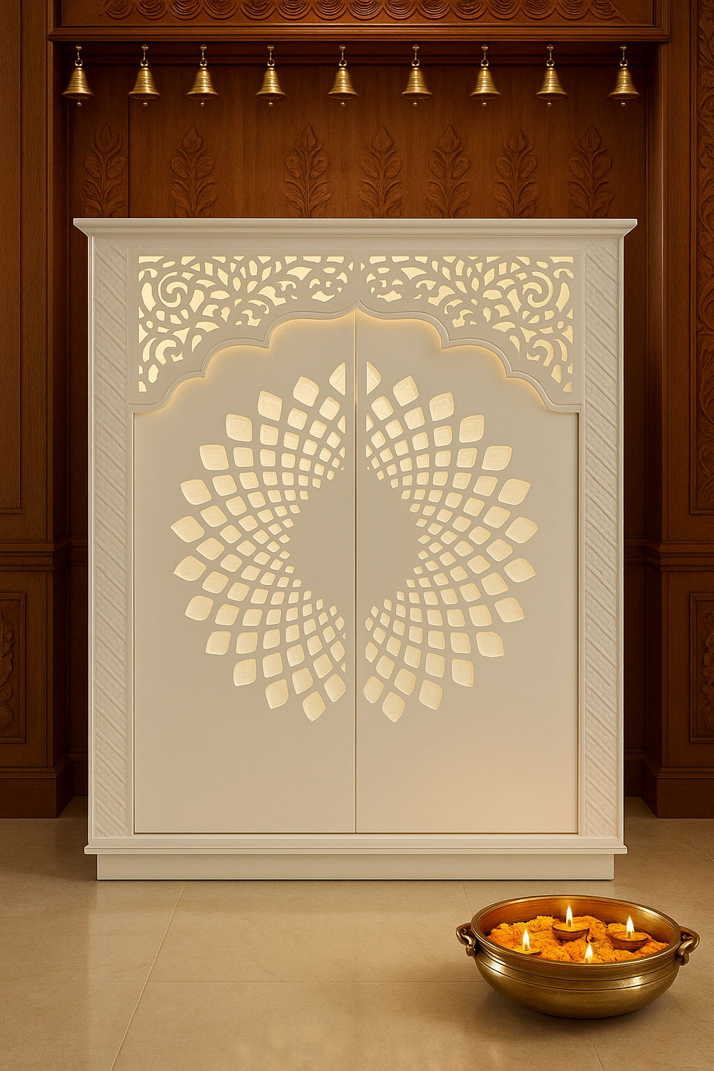 Corian Mandir with Doors and Ganesha Side Jhaali — Luxury Indian Home Interior — Satguru Creations