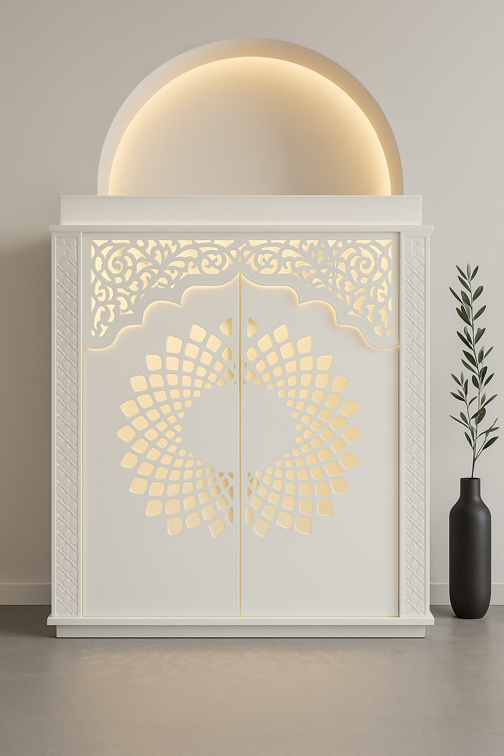 Corian Mandir with Doors and Ganesha Side Jhaali — Luxury Indian Home Interior — Satguru Creations