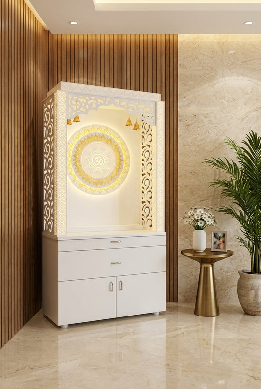 Corian Mandir with Laminated Storage — Mixed-Material Pooja Unit — Luxury Home Interior — Satguru Creations