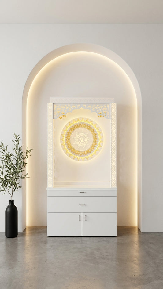 Corian Mandir with Laminated Storage — Mixed-Material Pooja Unit — Luxury Indian Home Interior — Satguru Creations