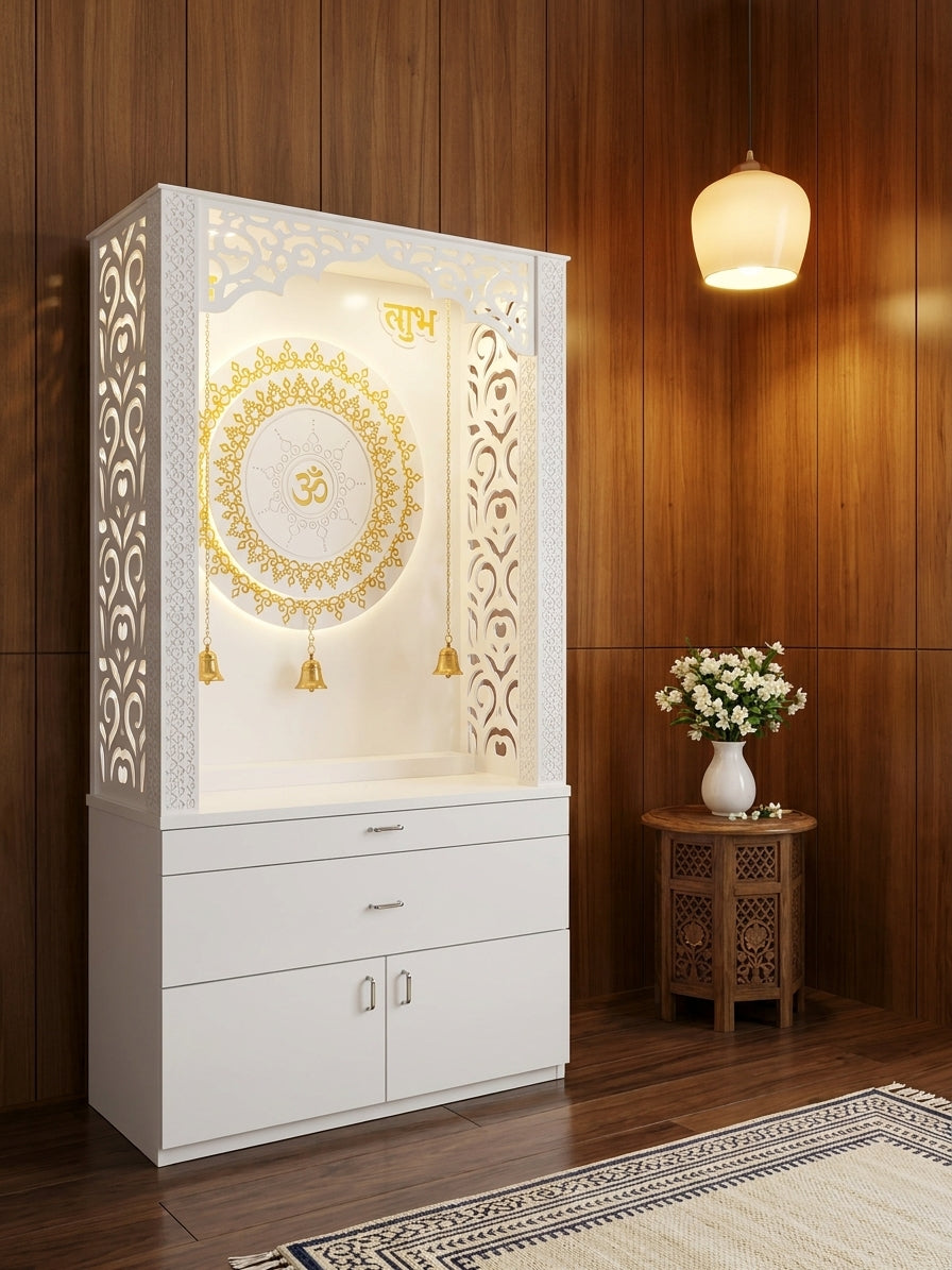 Corian Mandir with Laminated Storage — Mixed-Material Pooja Unit — Luxury Indian Home Interior — Satguru Creations