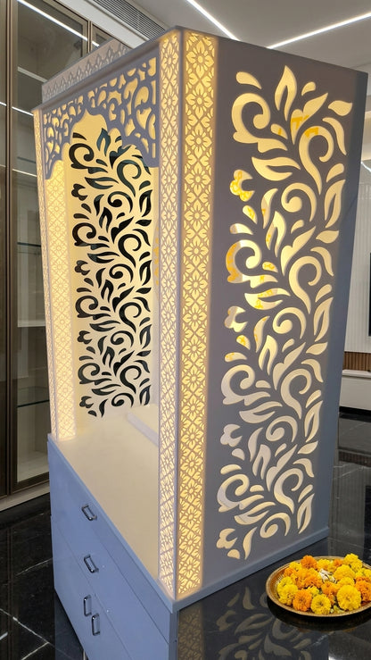 Corian Mandir with Laminated Storage — Mixed-Material Pooja Unit — Luxury Indian Home Interior — Satguru Creations