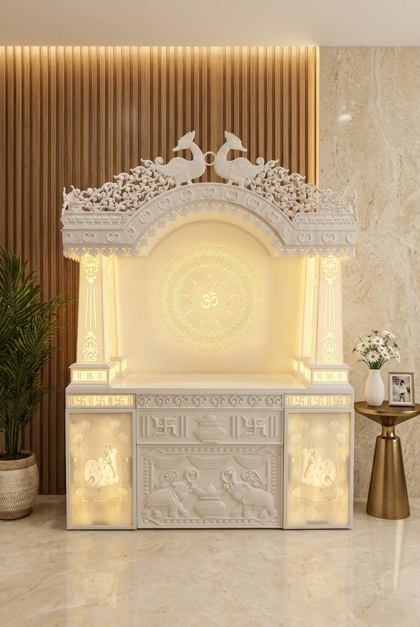Traditional Pillar Carved Corian Mandir — Hand-Chiselled — Luxury Home Interior — Satguru Creations